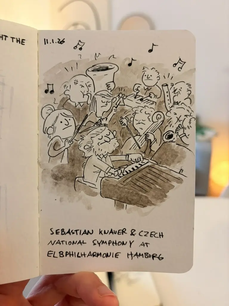 Marcel plays piano with an orchestra at a concert.