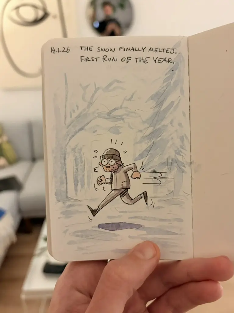 Marcel goes for his first run of the year on a snowy woodland path after the snow melts.