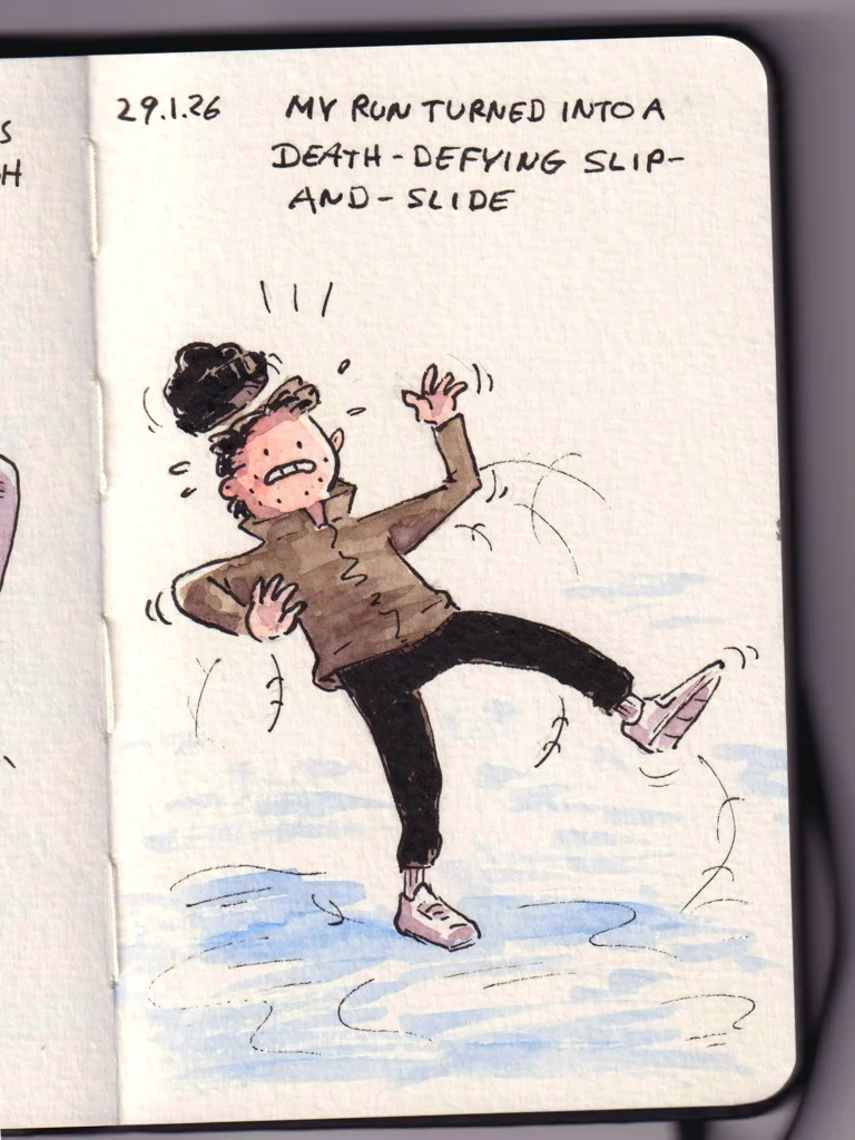 Marcel loses his footing and flails while running on ice.