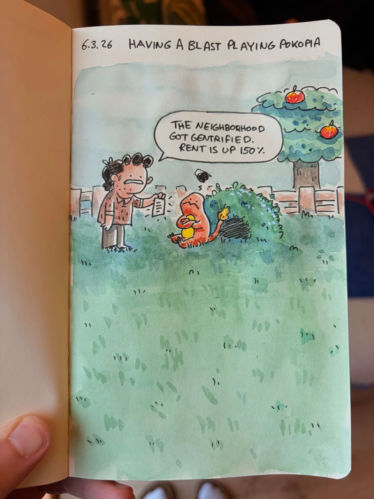 Marcel plays Pokopia, where a Pokémon tells him the neighborhood has been gentrified and rent has risen.