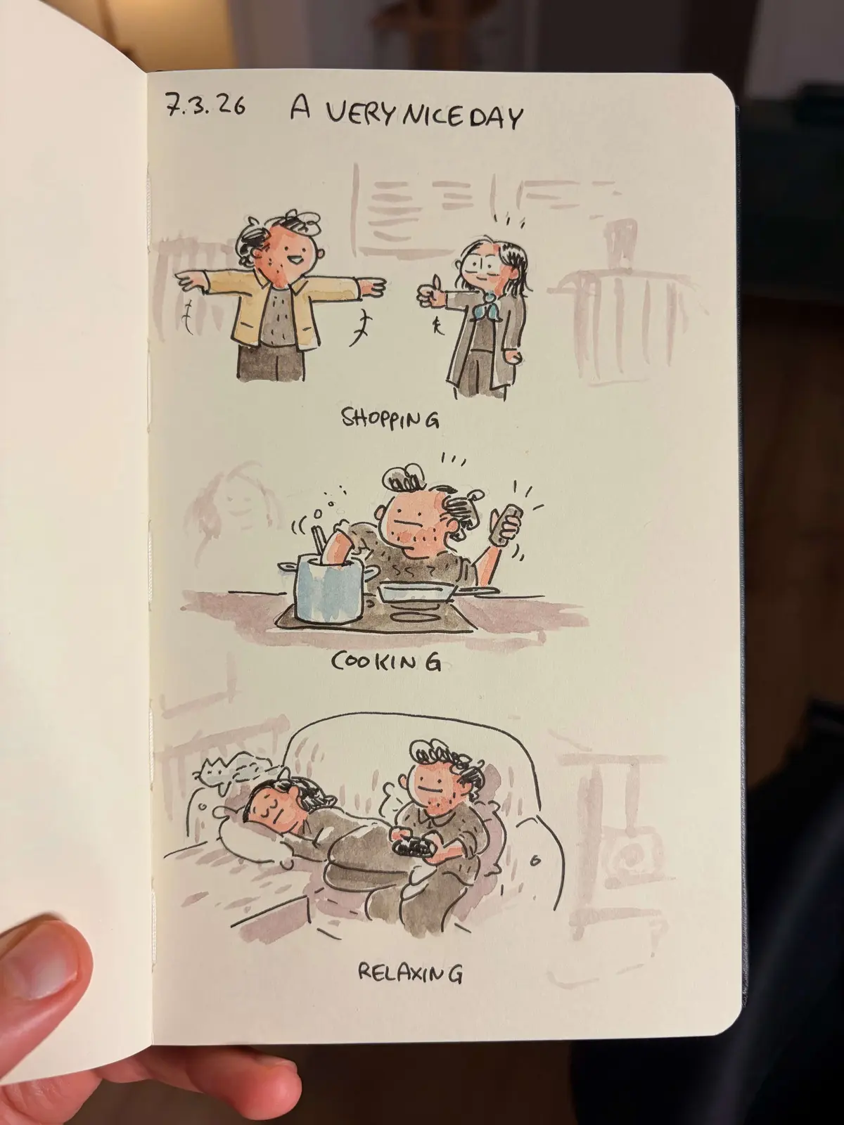 Marcel shops, cooks while checking his phone, and plays a video game beside a sleeping person and a cat.
