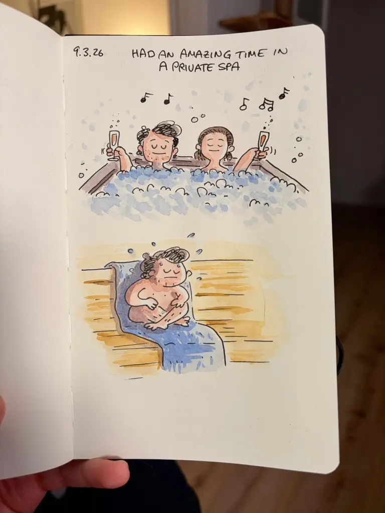 Marcel and Anna enjoy champagne in a hot tub, then Marcel relaxes in a sauna.