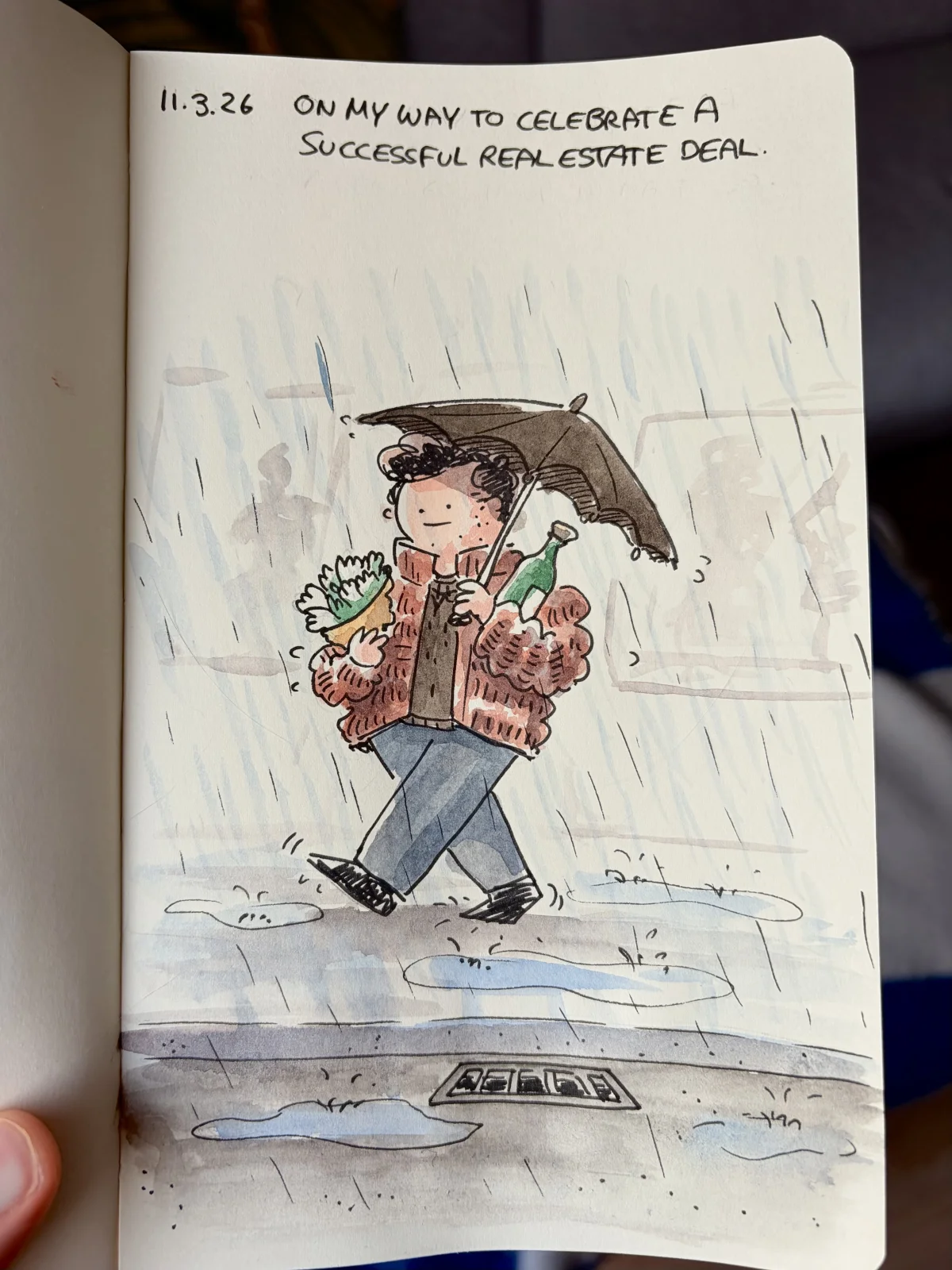 Marcel walks through the rain under an umbrella, carrying a bouquet and a bottle after a successful real estate deal.