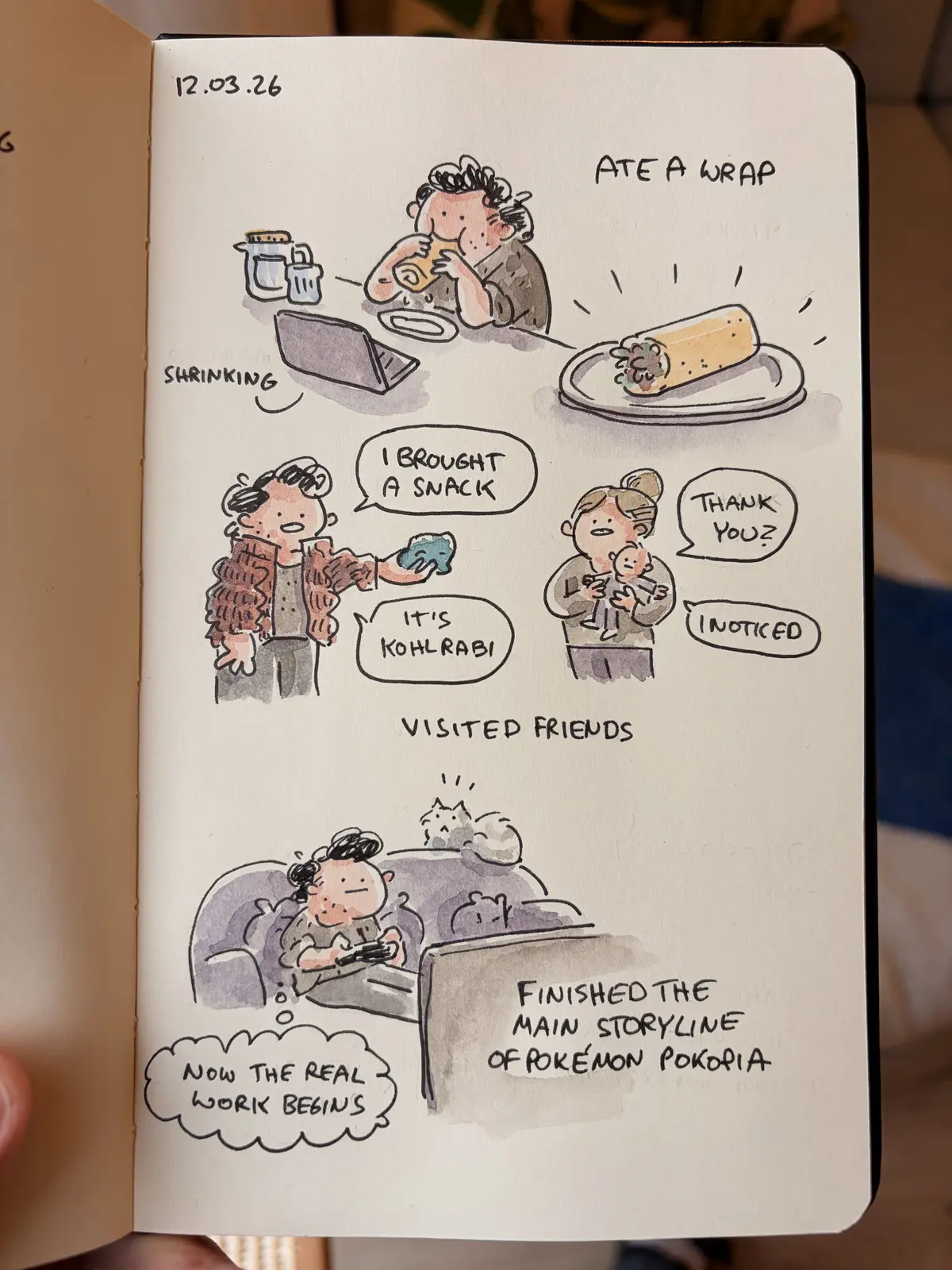 Marcel eats a wrap, visits friends with a kohlrabi snack, and plays Pokémon Pokopia on the sofa.