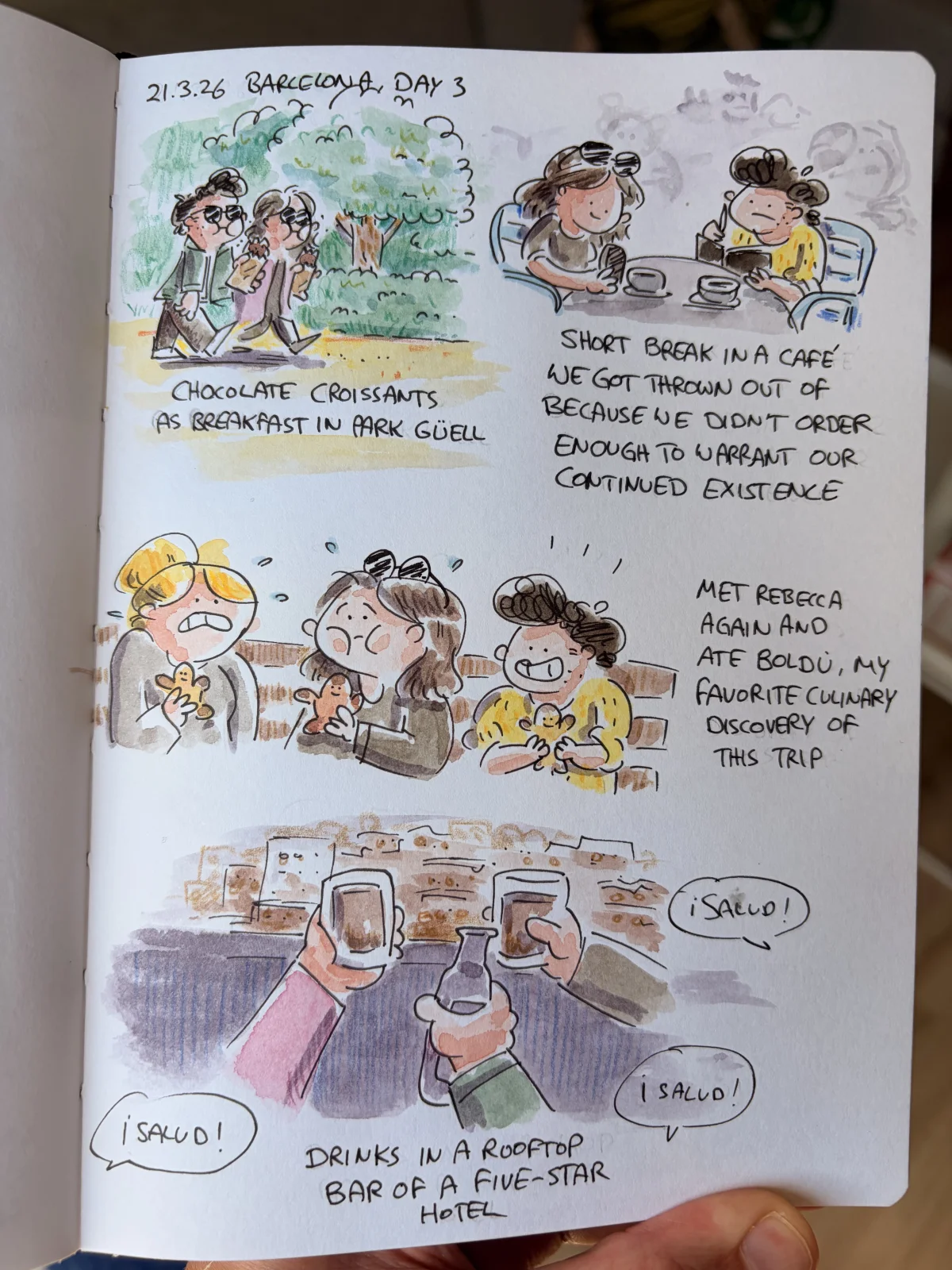 Marcel and friends stroll through Park Güell, eat pastries, take a café break, and toast drinks at a rooftop bar.