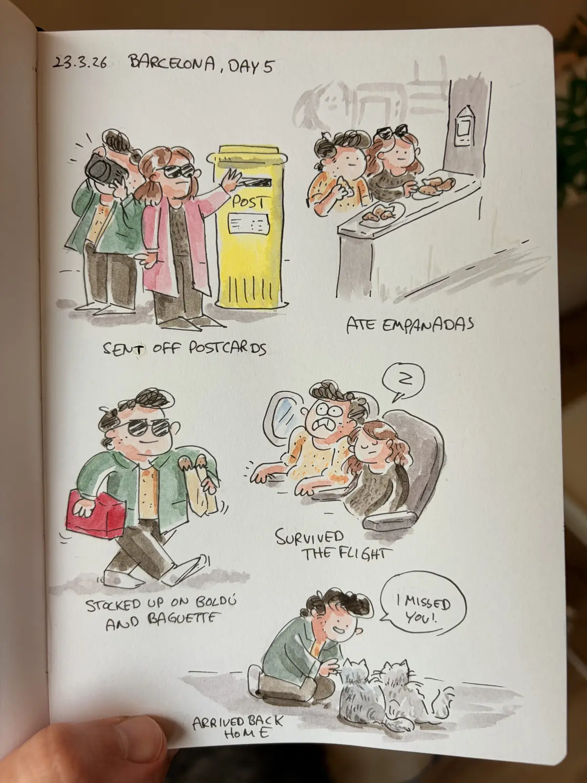 Marcel and Anna send postcards, eat empanadas, fly home, and reunite with their cats.