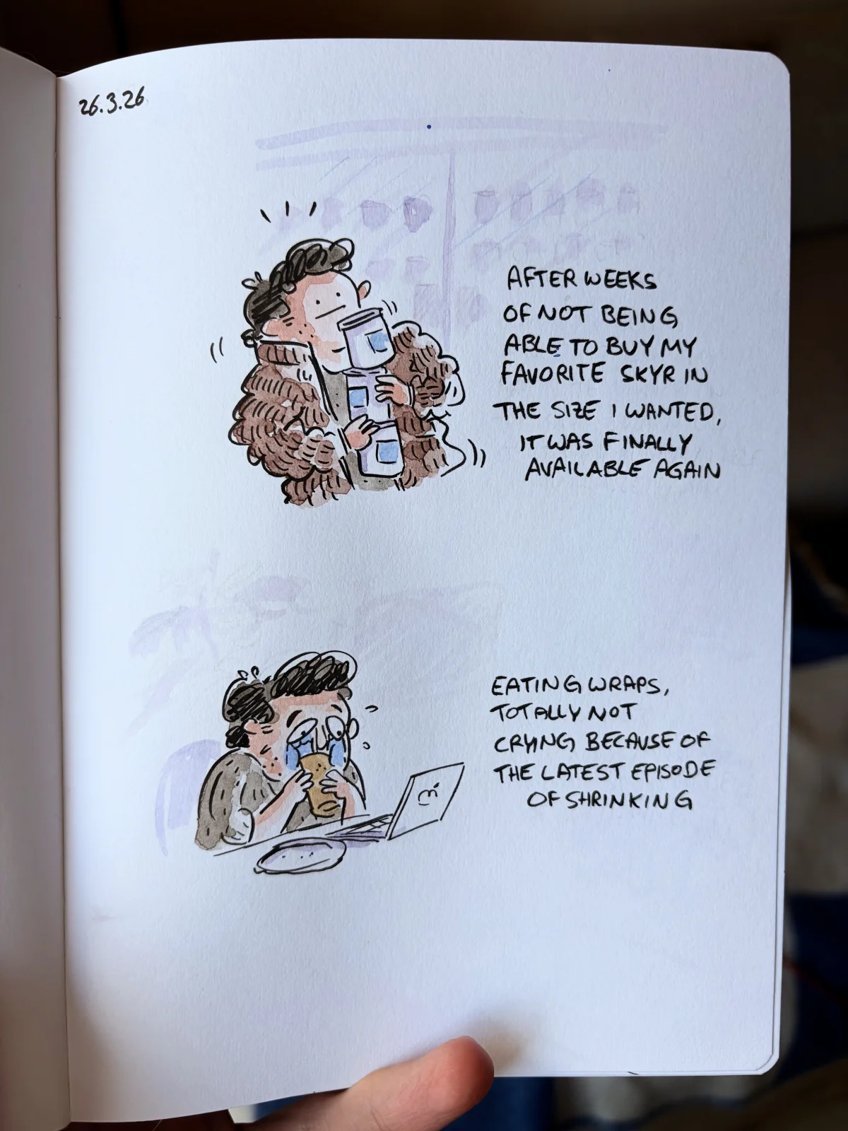 Marcel celebrates finding his favorite skyr, then cries while eating a wrap and watching Shrinking on his laptop.