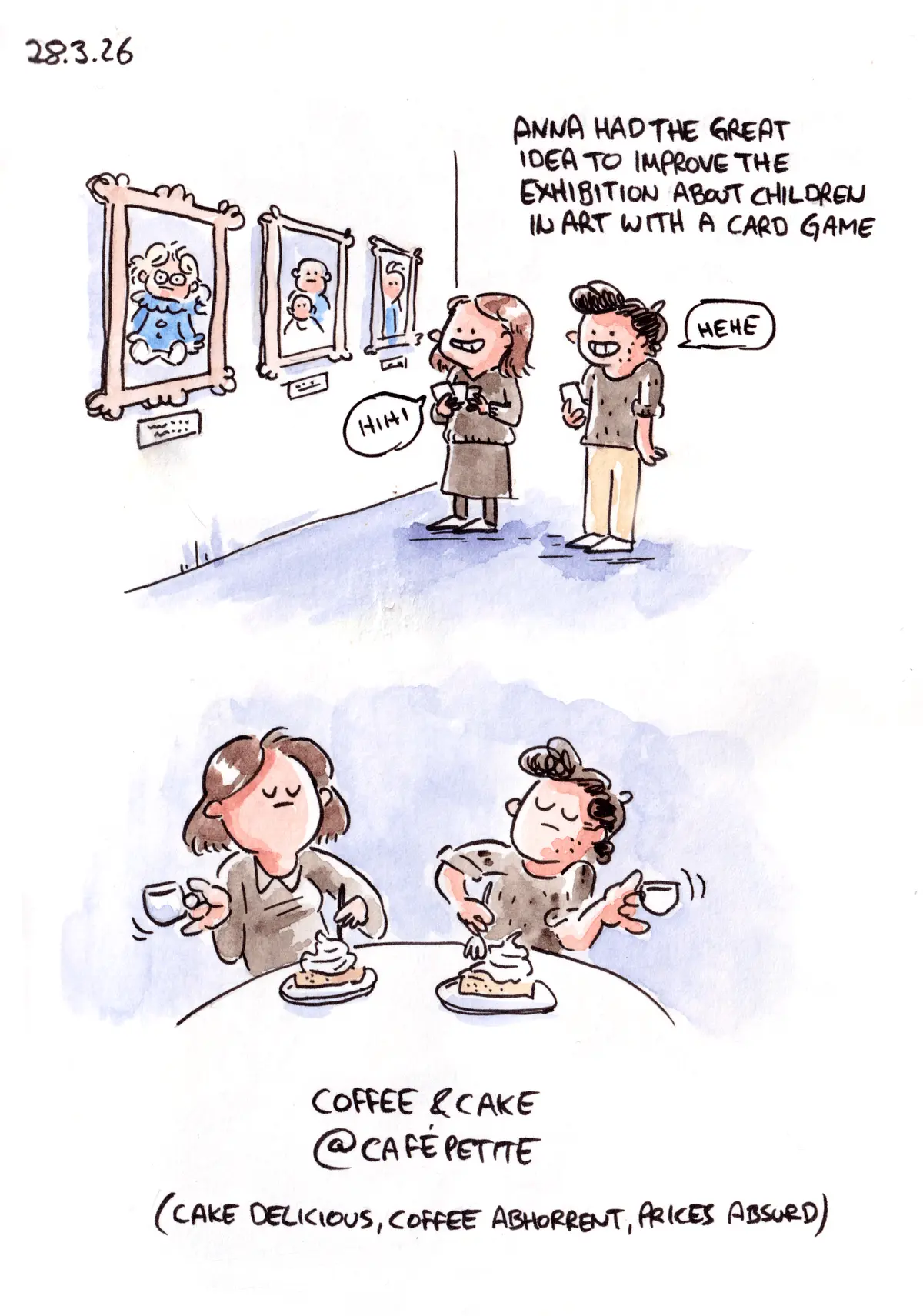Marcel and Anna look at an art exhibition and play a card game, then have coffee and cake at a cafe.