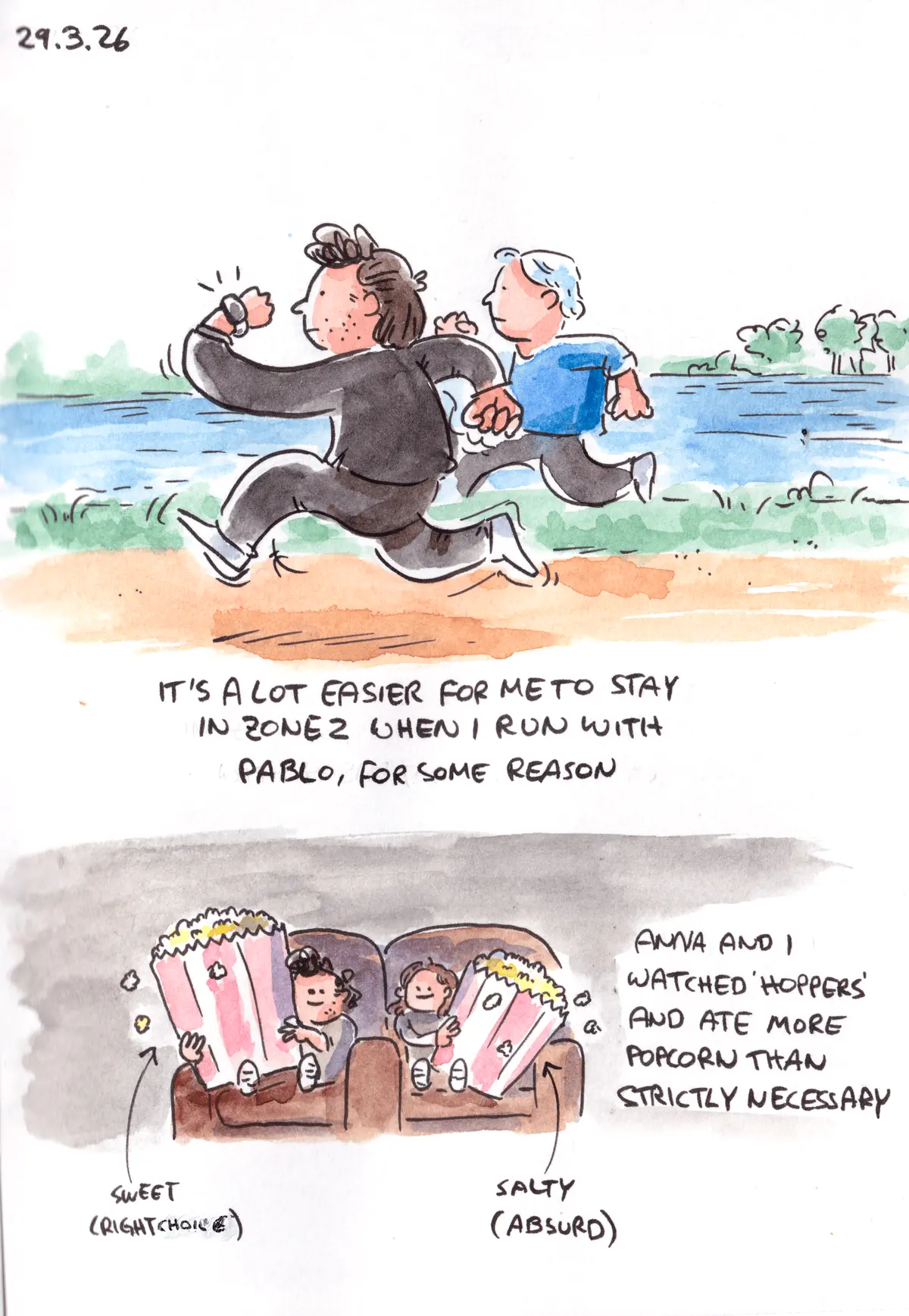 Marcel runs with Pablo, then watches Hoppers with Anna and eats popcorn.