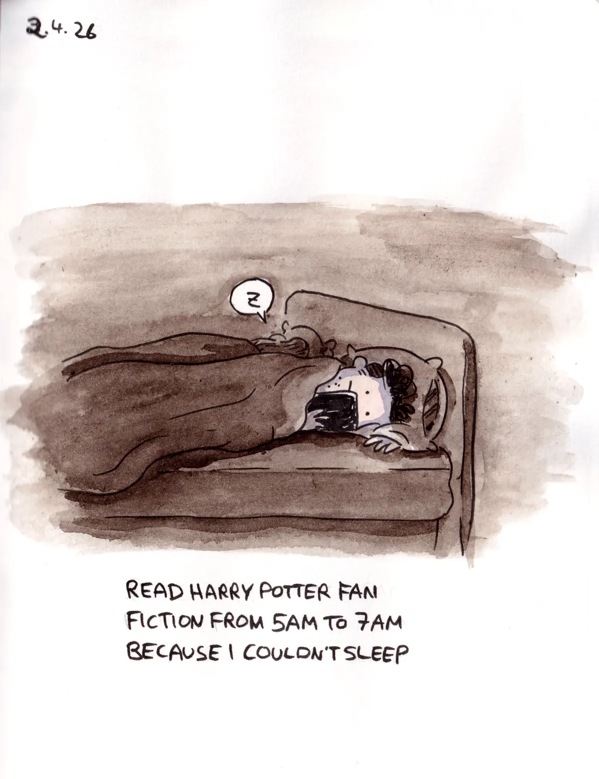 Marcel reads Harry Potter fan fiction in bed after being unable to sleep.