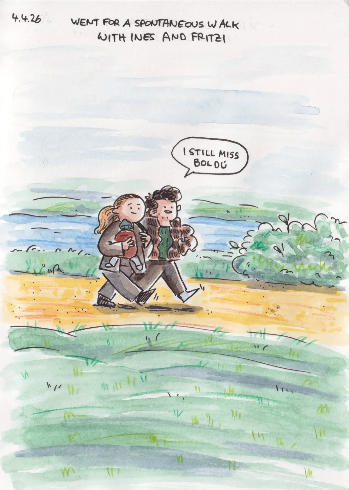 Marcel and Ines walk together outdoors while Marcel carries Fritzi, a small dog.