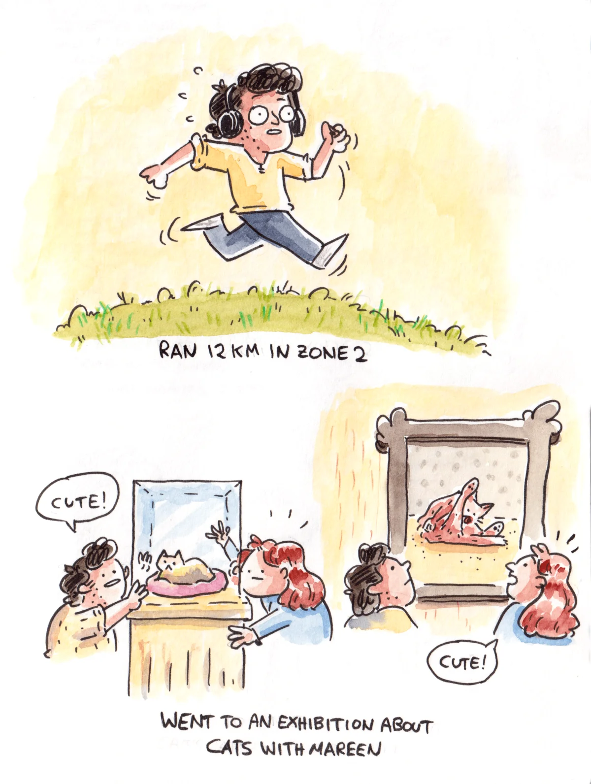 Marcel runs 12 km, then visits a cat exhibition with Mareen.