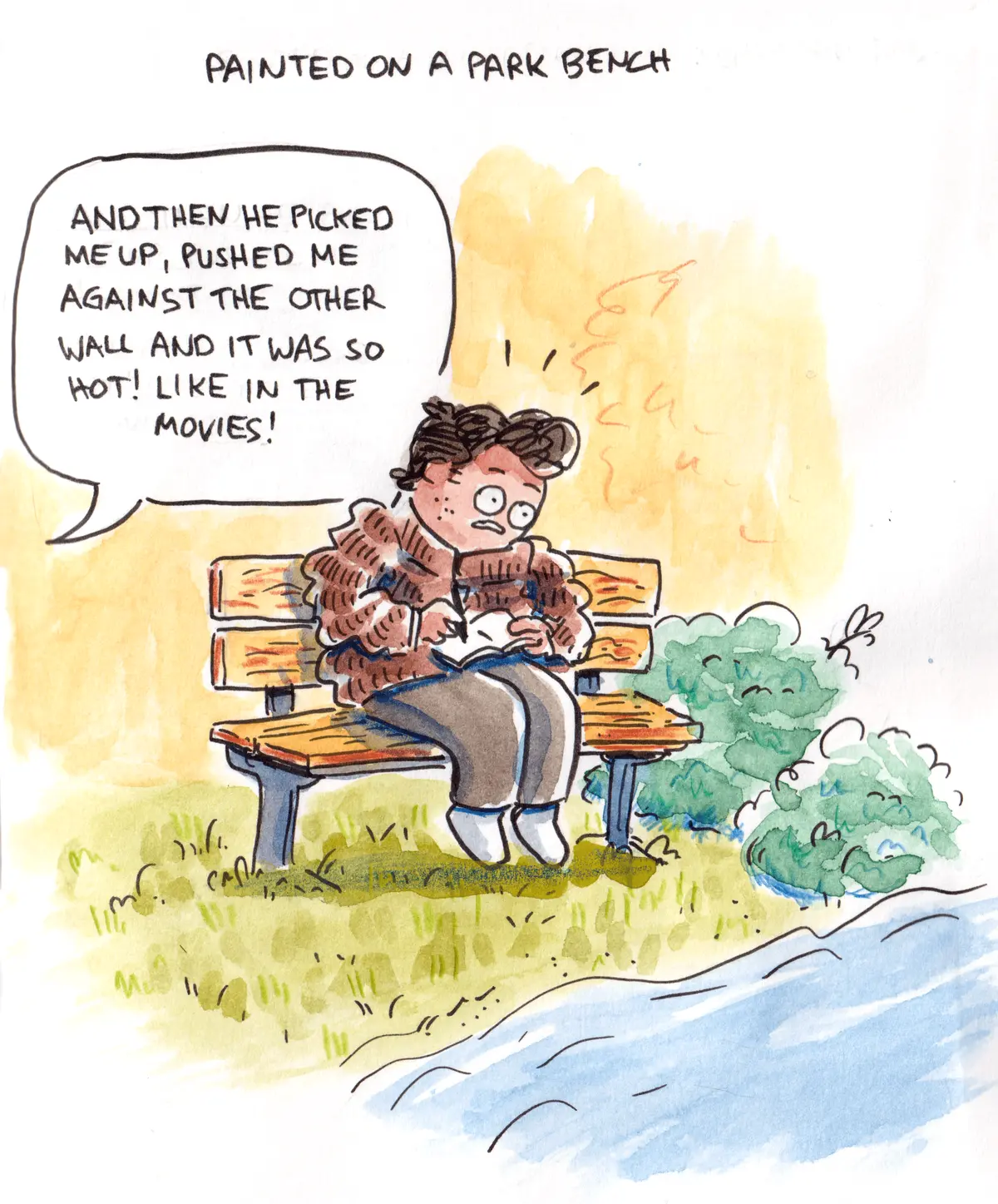 Marcel sits on a park bench, wide-eyed as he overhears someone describe a sexual encounter.