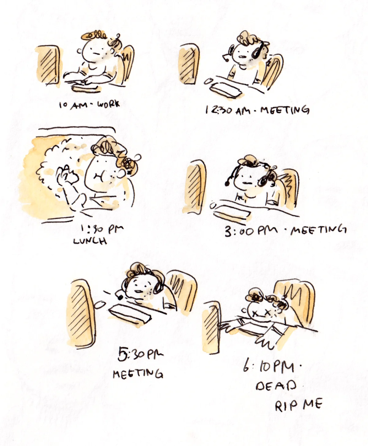 Marcel works at his desk through a series of meetings and appears exhausted by the end of the day.