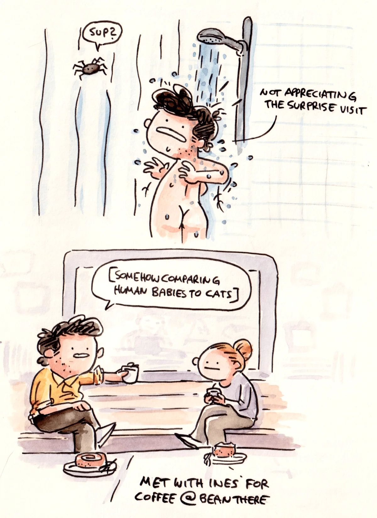 Marcel reacts to a spider in the shower, then meets Ines for coffee.