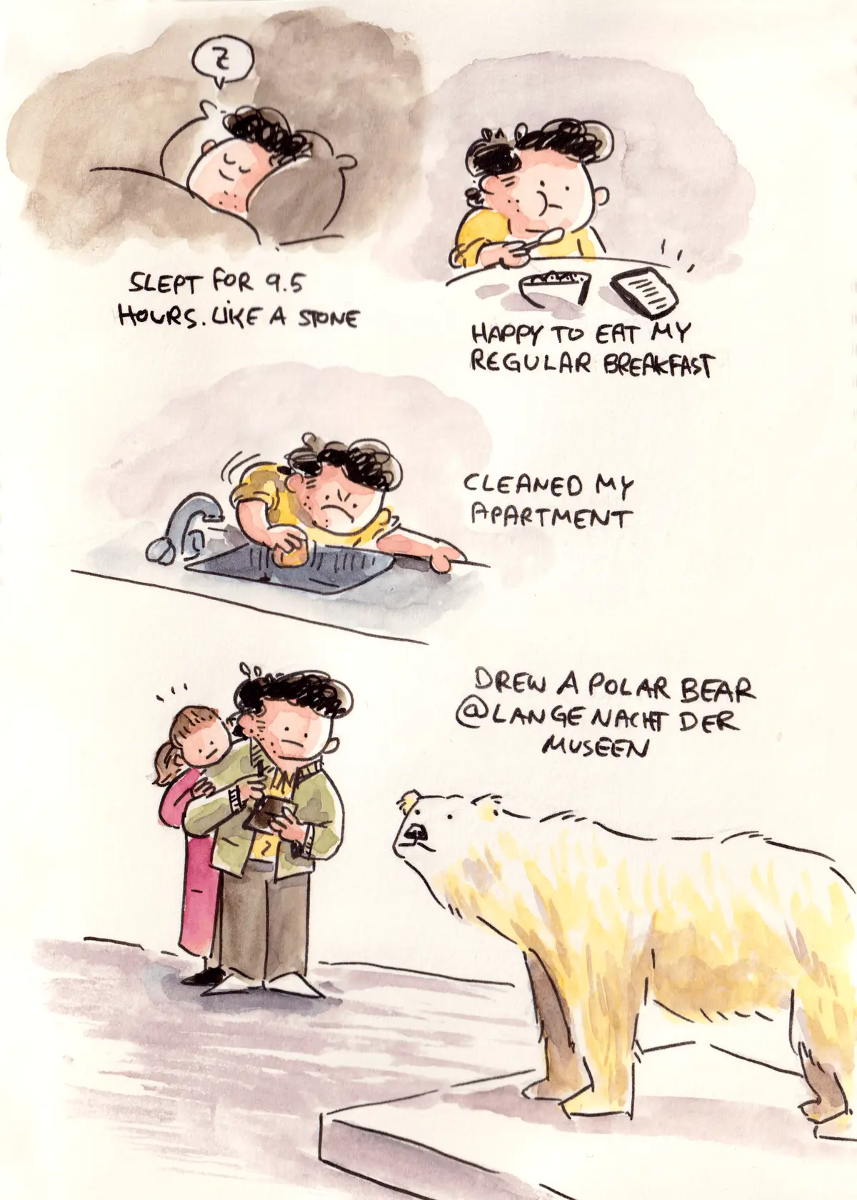 Marcel sleeps, eats breakfast, cleans his apartment, and visits a museum with Anna to see a polar bear.