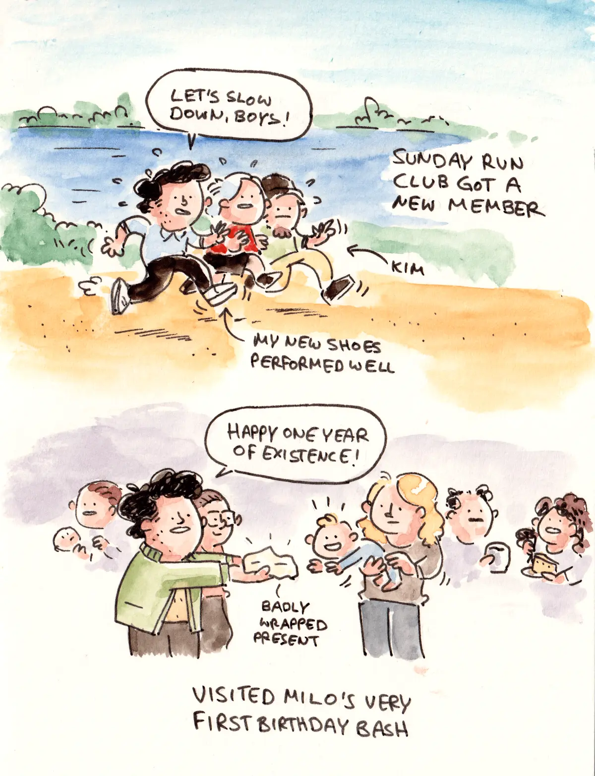 Marcel runs with friends and later gives Milo a badly wrapped present at his first birthday party.