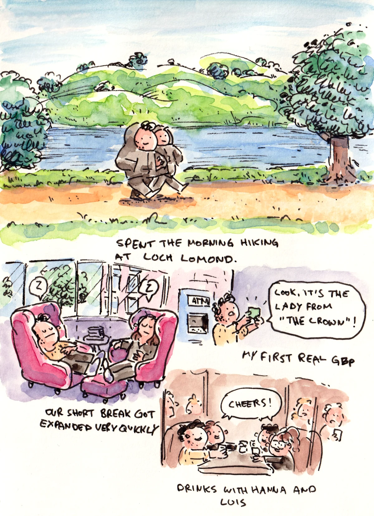 Marcel and companions hike at Loch Lomond, take a break, examine a banknote at an ATM, and have drinks together.