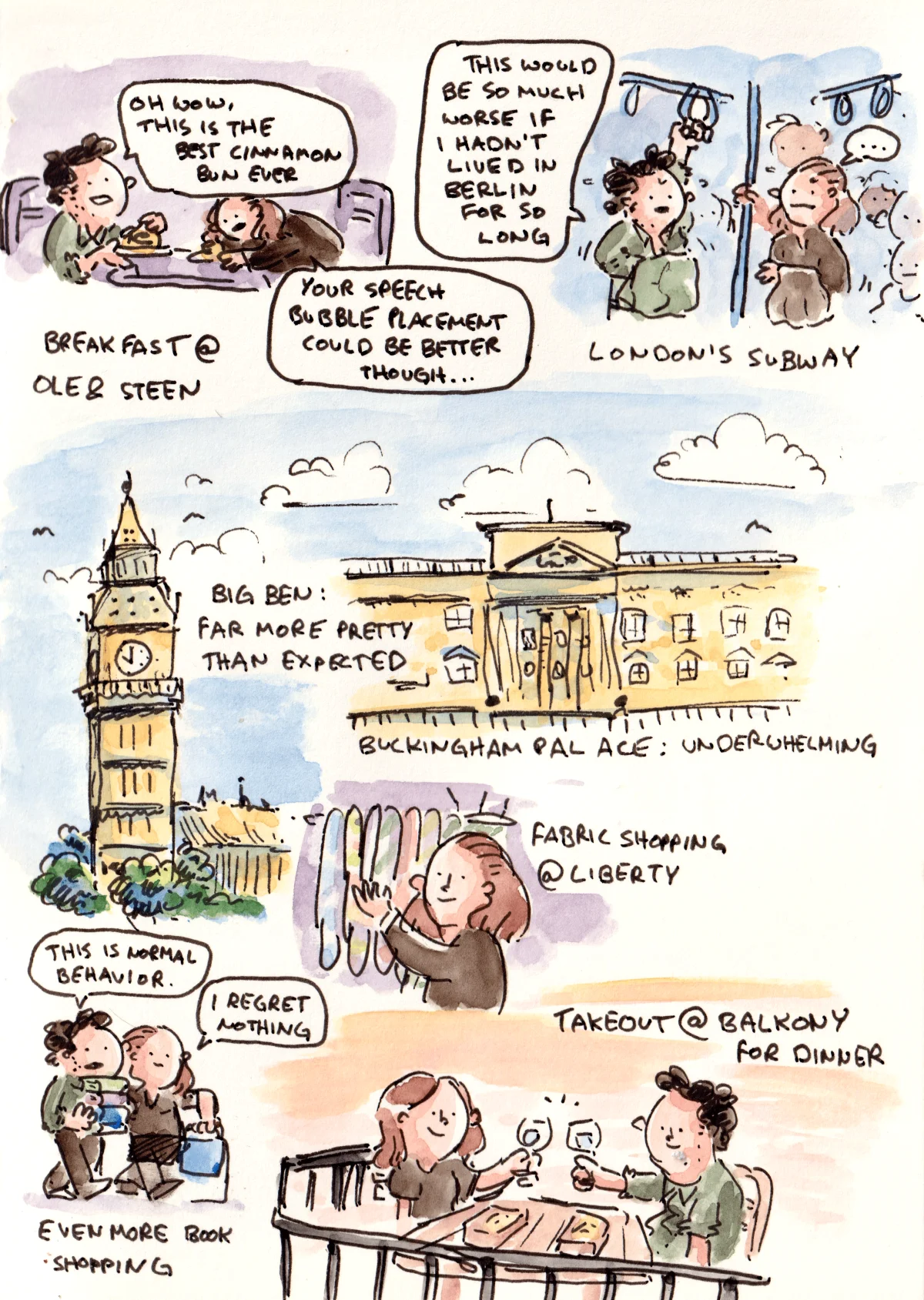 Marcel and Anna explore London, shop, and enjoy takeout dinner on a balcony.