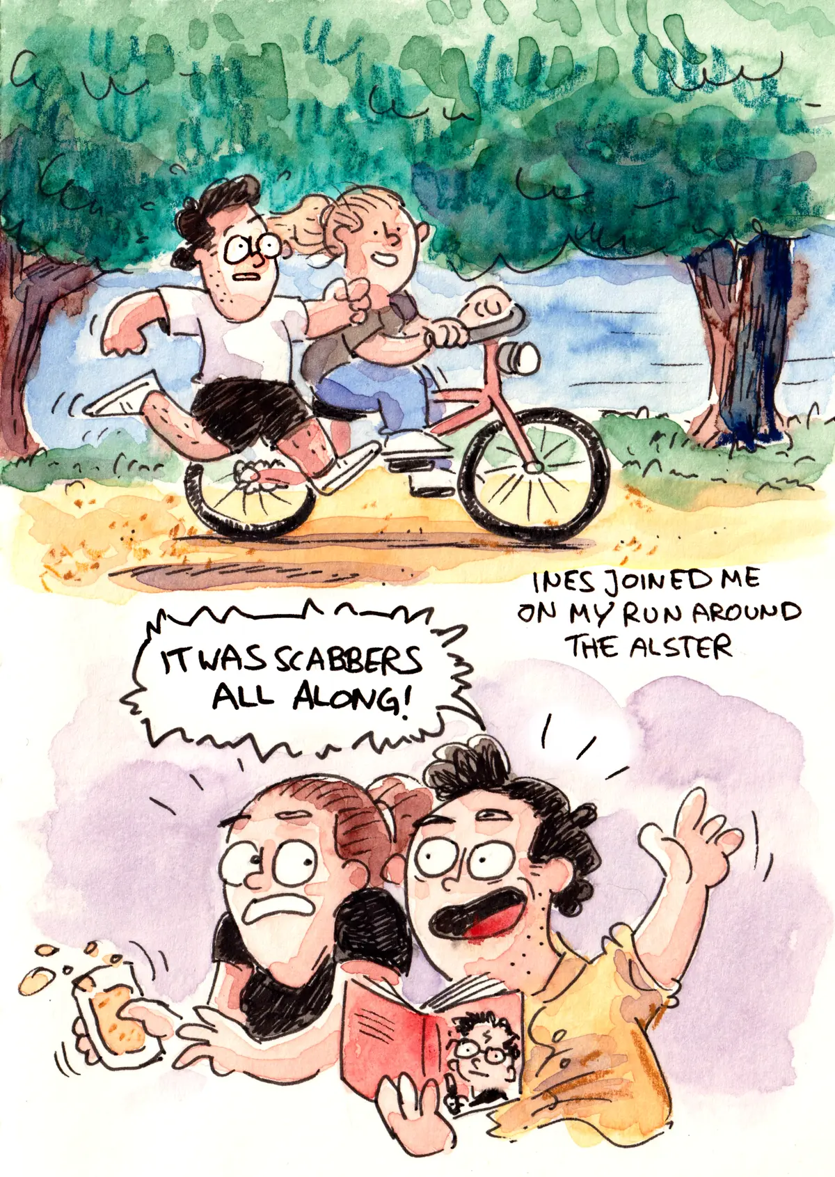 Marcel runs alongside Ines as she cycles around the Alster, then reads Harry Potter to a startled Anna.