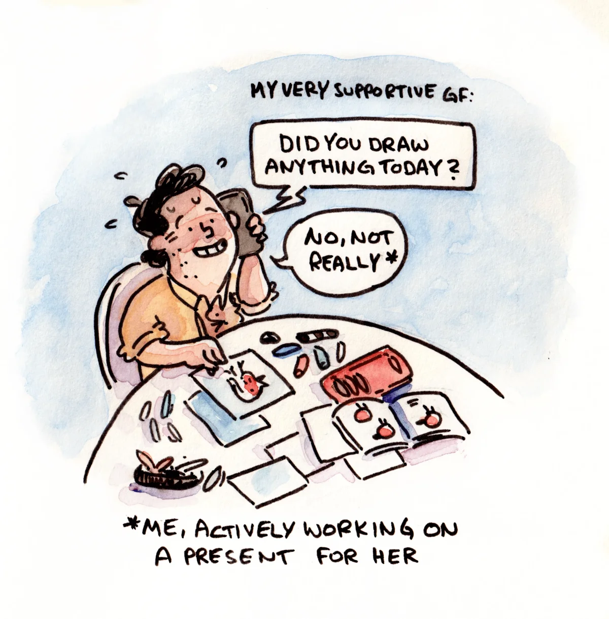 Marcel pretends he has not been drawing while painting a robin as a surprise gift for Anna.