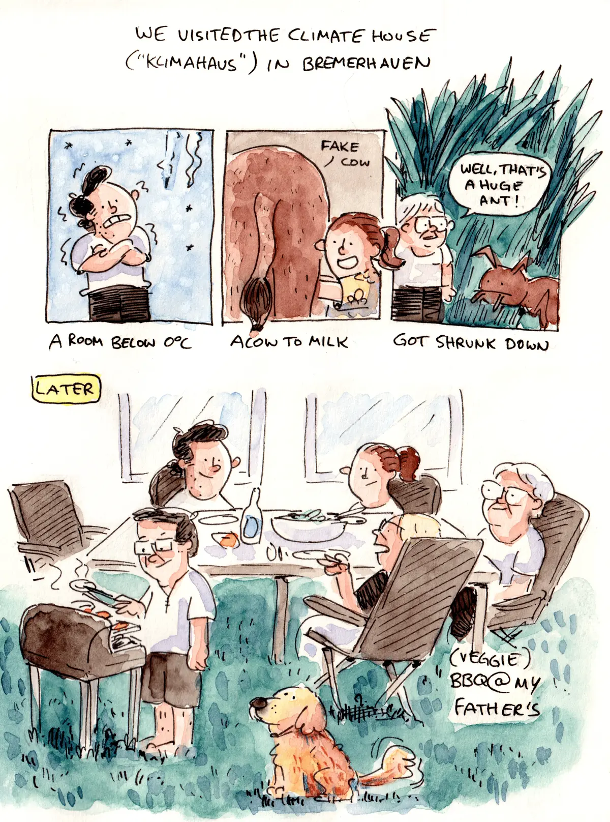 Marcel visits the Klimahaus with Anna, then joins his father and family for a barbecue while Linus sits nearby.
