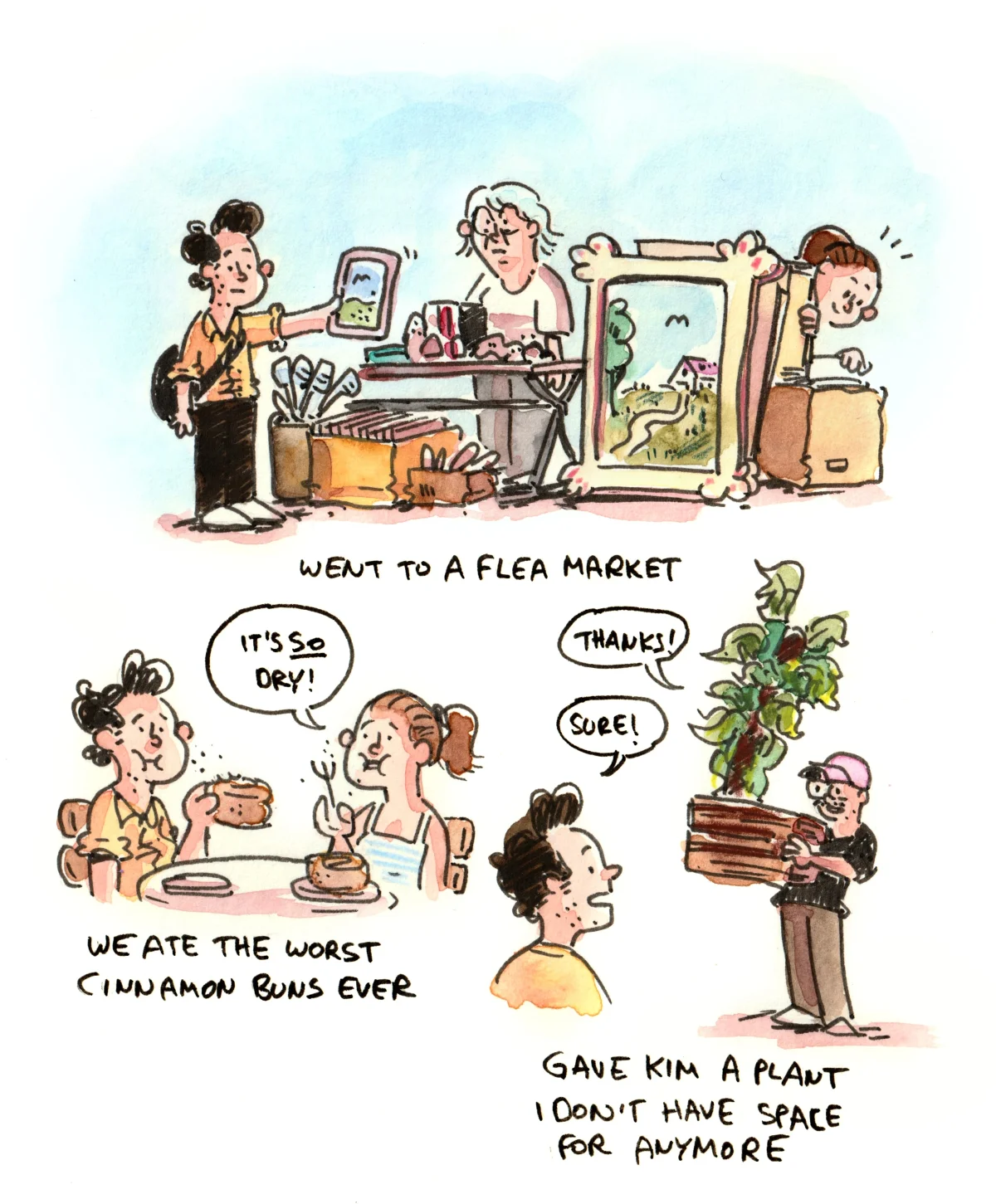 Marcel and Anna eat dry cinnamon buns at a flea market, and Marcel gives Kim a plant.