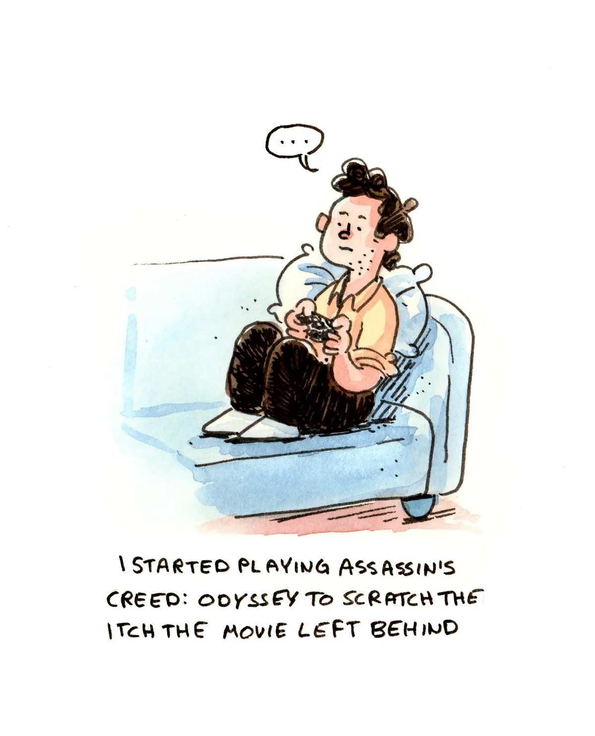 Marcel relaxes on a sofa while playing Assassin's Creed: Odyssey.