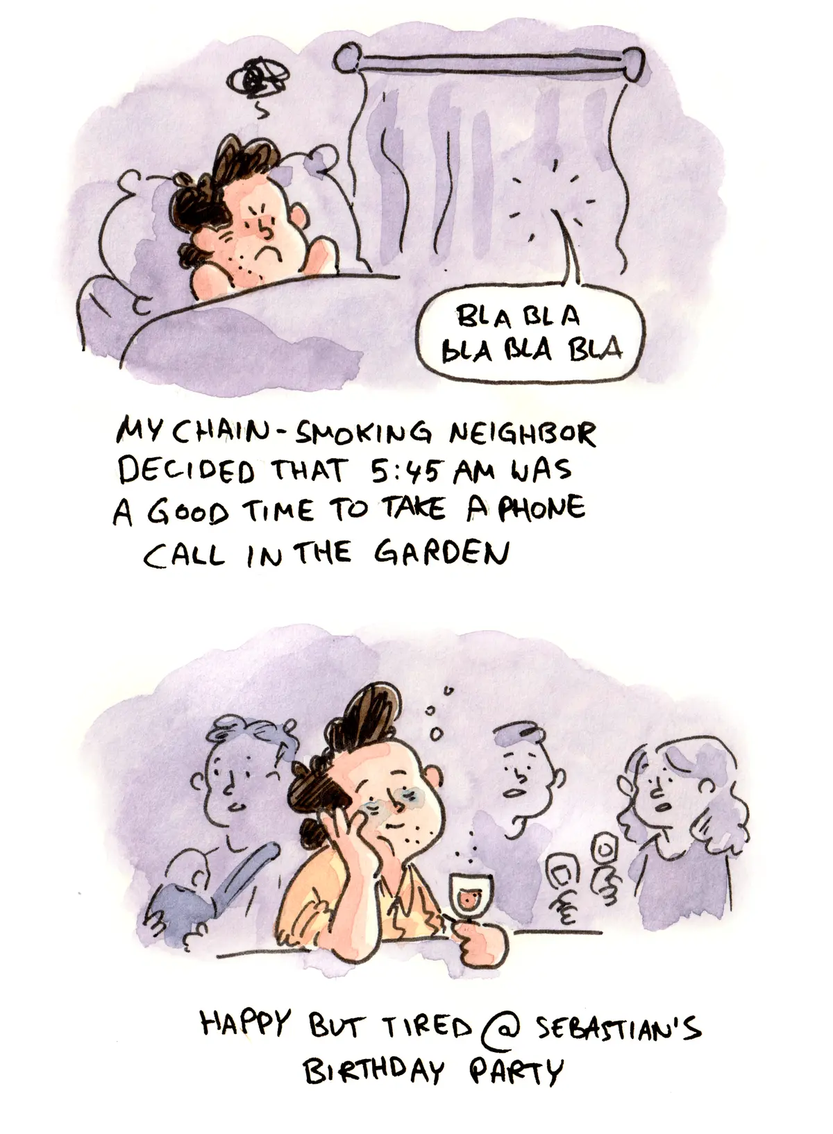 Marcel sleeps through a neighbor’s early-morning phone call, then attends Sebastian’s birthday party looking happy but tired.