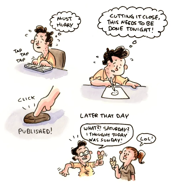 Perhaps it was the tiredness from the day before, but I somehow lost track of time and thought it was Sunday already. I hurried to get the newsletter finished and published before meeting Anna, only to then find out that it was, in fact, Saturday. Oh well.
