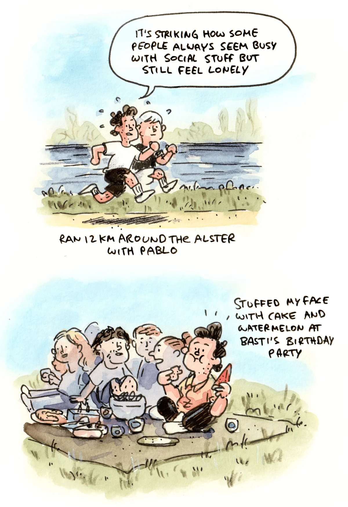Marcel runs with Pablo, then enjoys cake and watermelon at Basti's birthday picnic in the park.