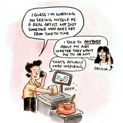 Marcel talks with Cecilia about seeing himself as an artist while standing at a grocery checkout.