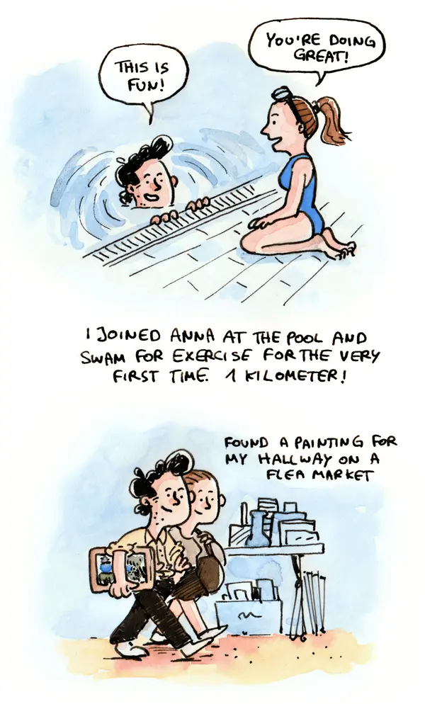 I’ve never really swum before. I know how to swim, breaststroke only, but I’ve always used that skill exclusively to not drown, never to actually work out.

Last year, I went to an outdoor pool with Anna and swam a couple of laps for the first time ever. But this was my first proper “Let’s go to the Olympic-sized pool and do this as a sport!” kind of swim.

Anna does this all the time, but I chose running as my go-to workout, so this was completely new to me. And exciting! And, somewhat surprisingly, a lot of fun!

Later, we went to a flea market and I found this painting for just €20. It hangs in my hallway now.

What a day!